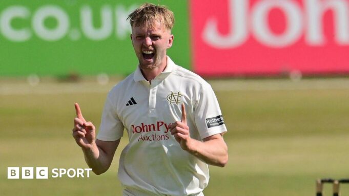 Lyndon James celebrates a wicket against Hampshire at Trent Bridge