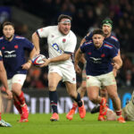 England's Jamie George prepares to make a pass during his team’s 2025 Six Nations match against France