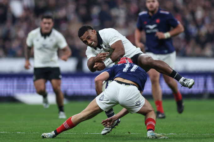 The All Blacks’ Sevu Reece is tackled by France’s Louis Bielle-Biarrey during the November 2024 international.